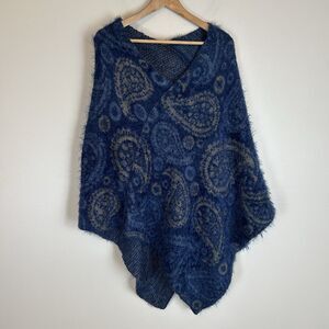 Eyelash Paisley Poncho Cape Shawl Royal Blue Boho Hippie Grunge One Size